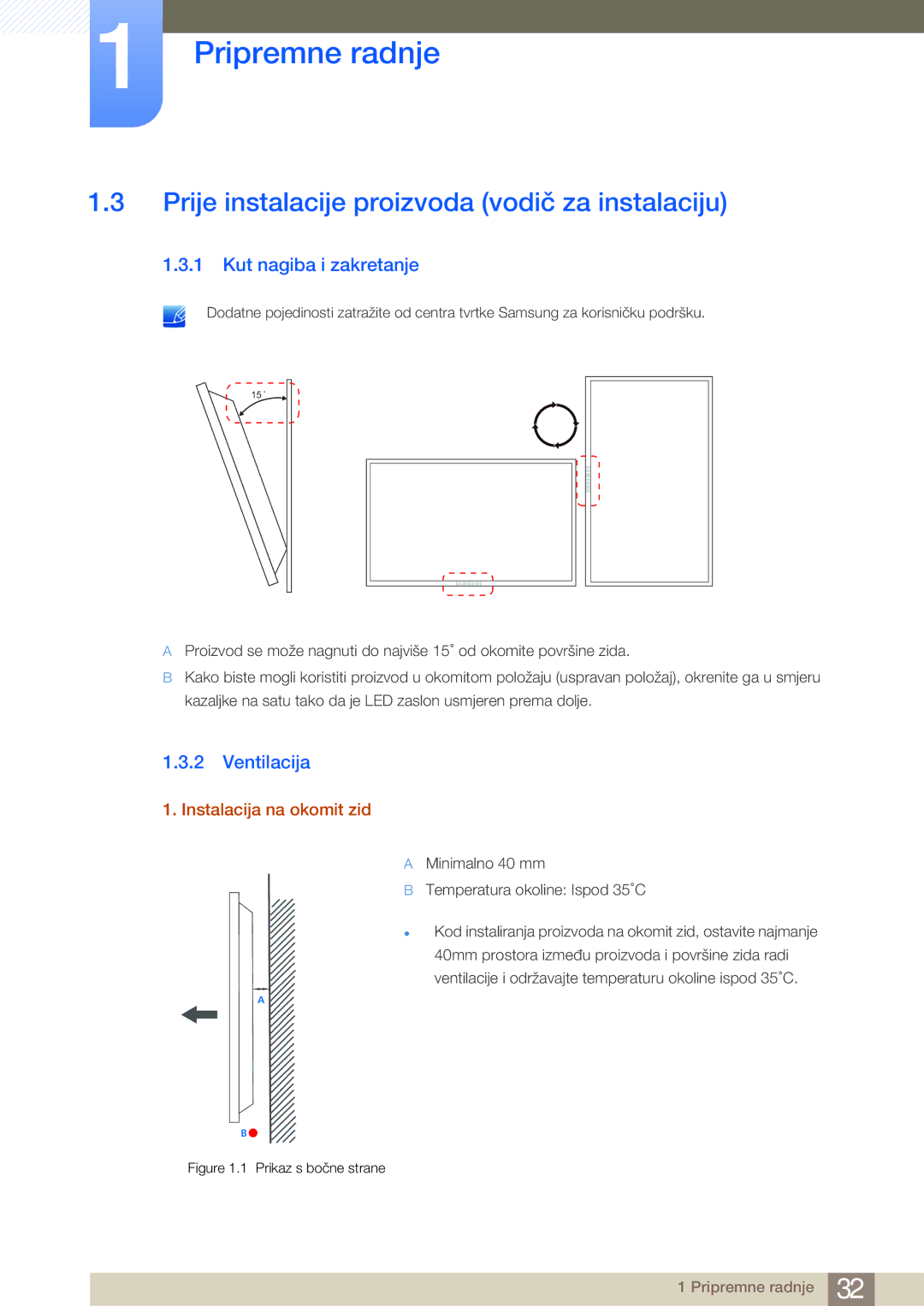 Samsung LH46MDBPLGC/EN manual Prije instalacije proizvoda vodič za instalaciju, Kut nagiba i zakretanje, Ventilacija 