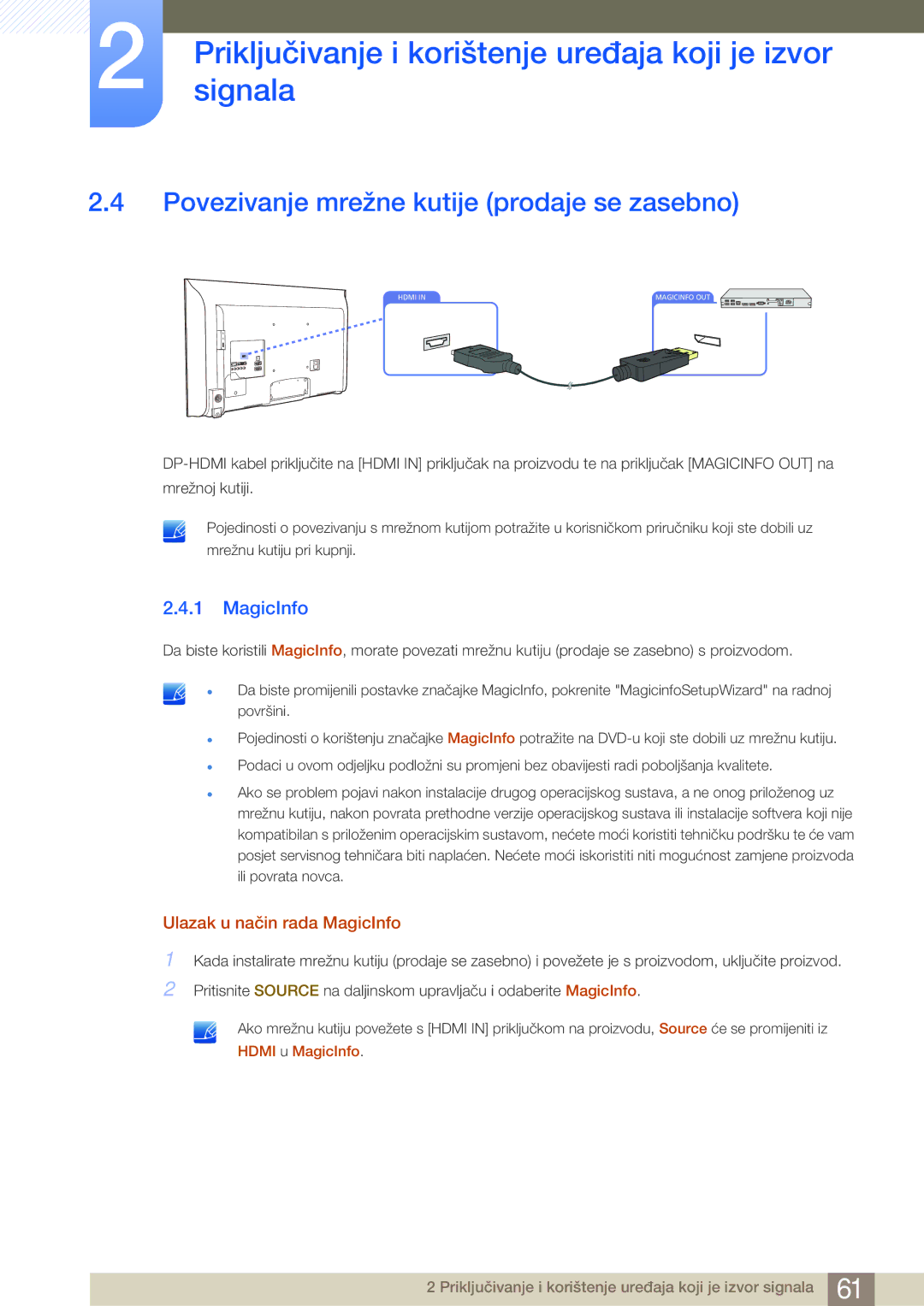 Samsung LH40MDBPLGC/EN Povezivanje mrežne kutije prodaje se zasebno, Ulazak u način rada MagicInfo, Hdmi u MagicInfo 