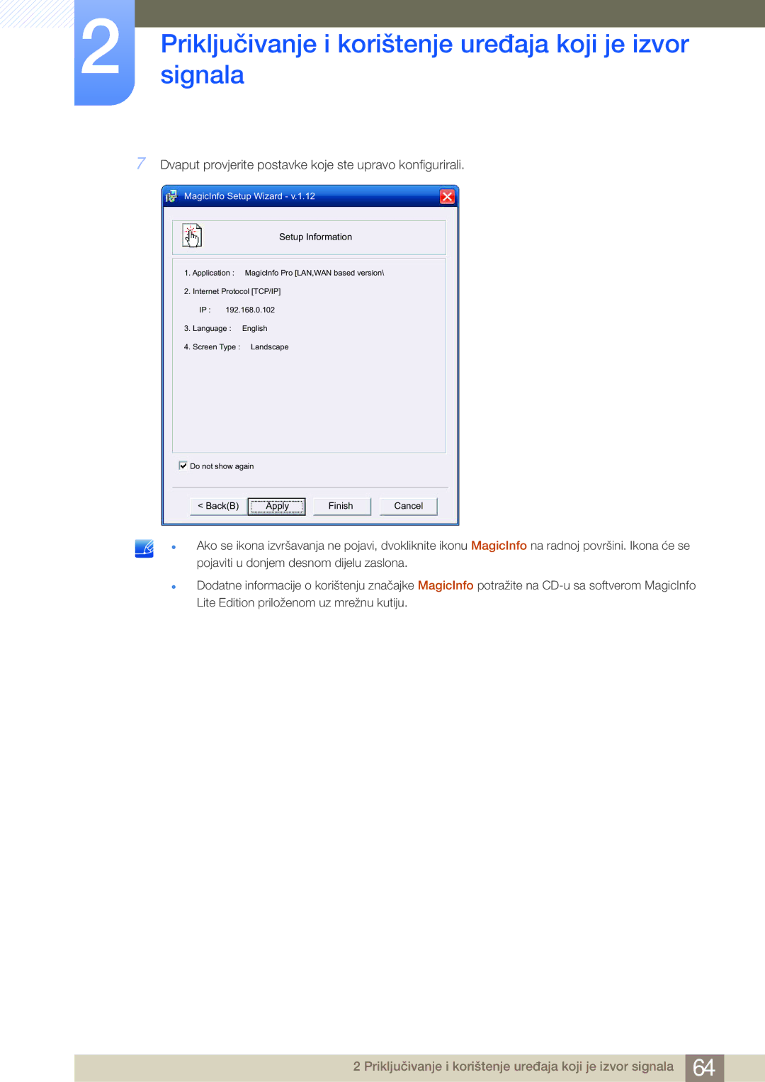 Samsung LH40MDBPLGC/EN, LH55MDBPLGC/EN manual Dvaput provjerite postavke koje ste upravo konfigurirali, Setup Information 