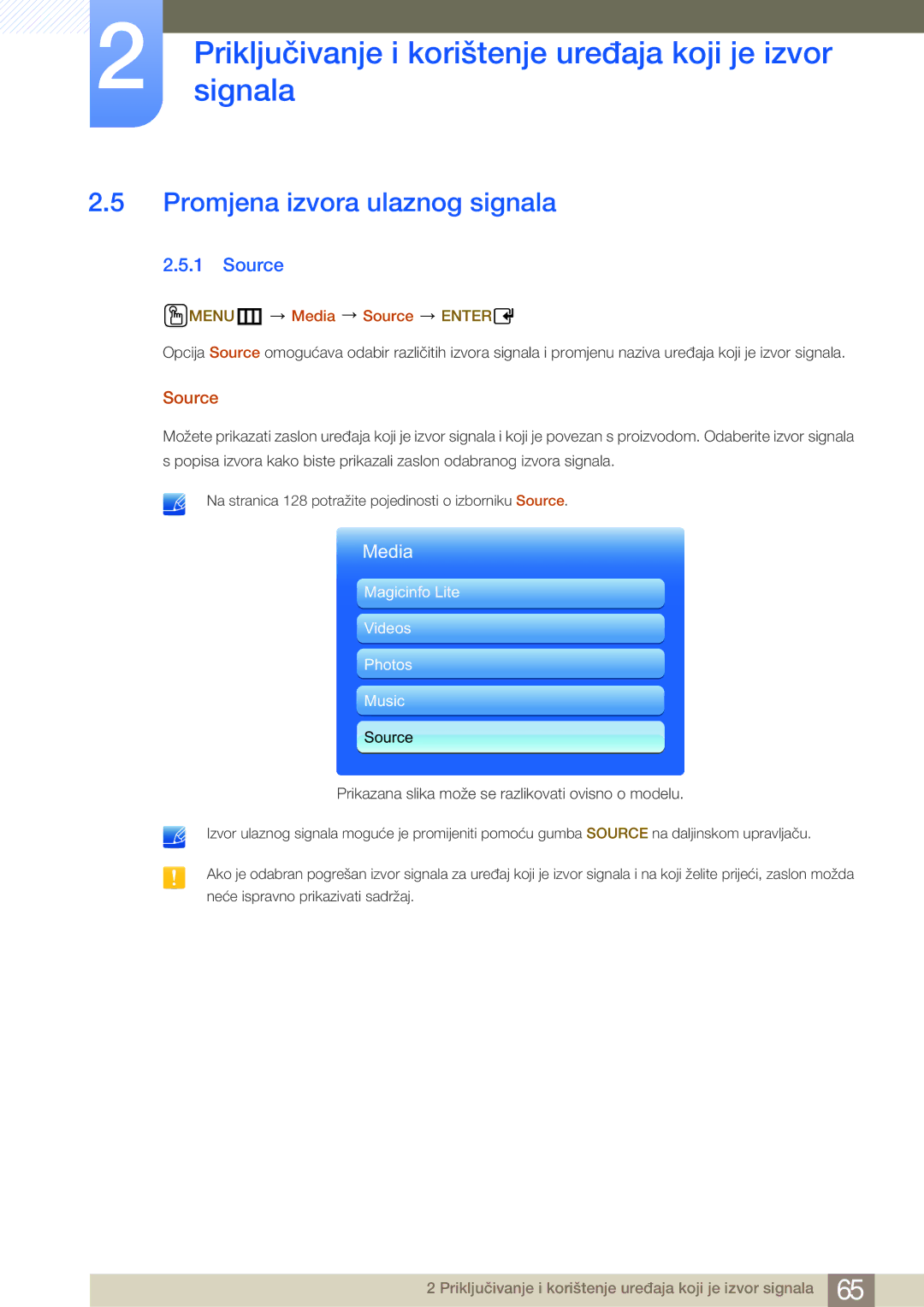 Samsung LH46MDBPLGC/EN, LH55MDBPLGC/EN, LH40MDBPLGC/EN manual Promjena izvora ulaznog signala, MENUm Media Source Enter 