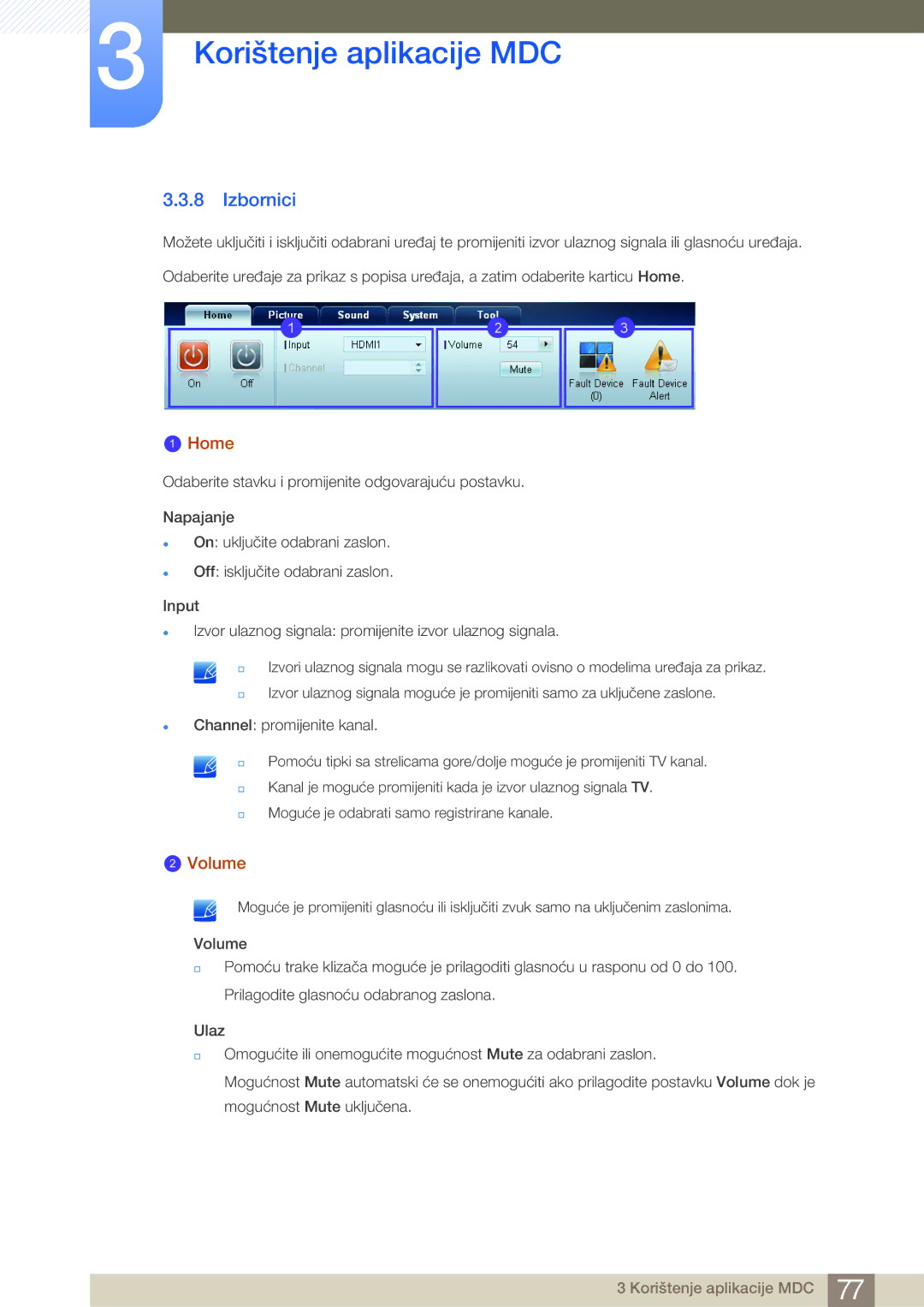 Samsung LH46MDBPLGC/EN, LH55MDBPLGC/EN, LH40MDBPLGC/EN manual Izbornici, Home, Volume 