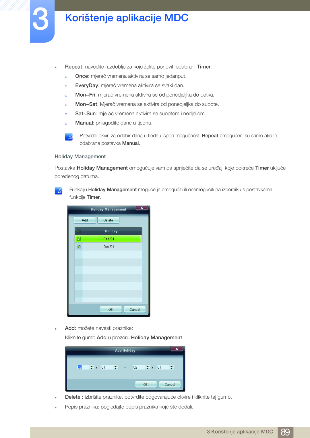 Samsung LH46MDBPLGC/EN, LH55MDBPLGC/EN, LH40MDBPLGC/EN manual Holiday Management 