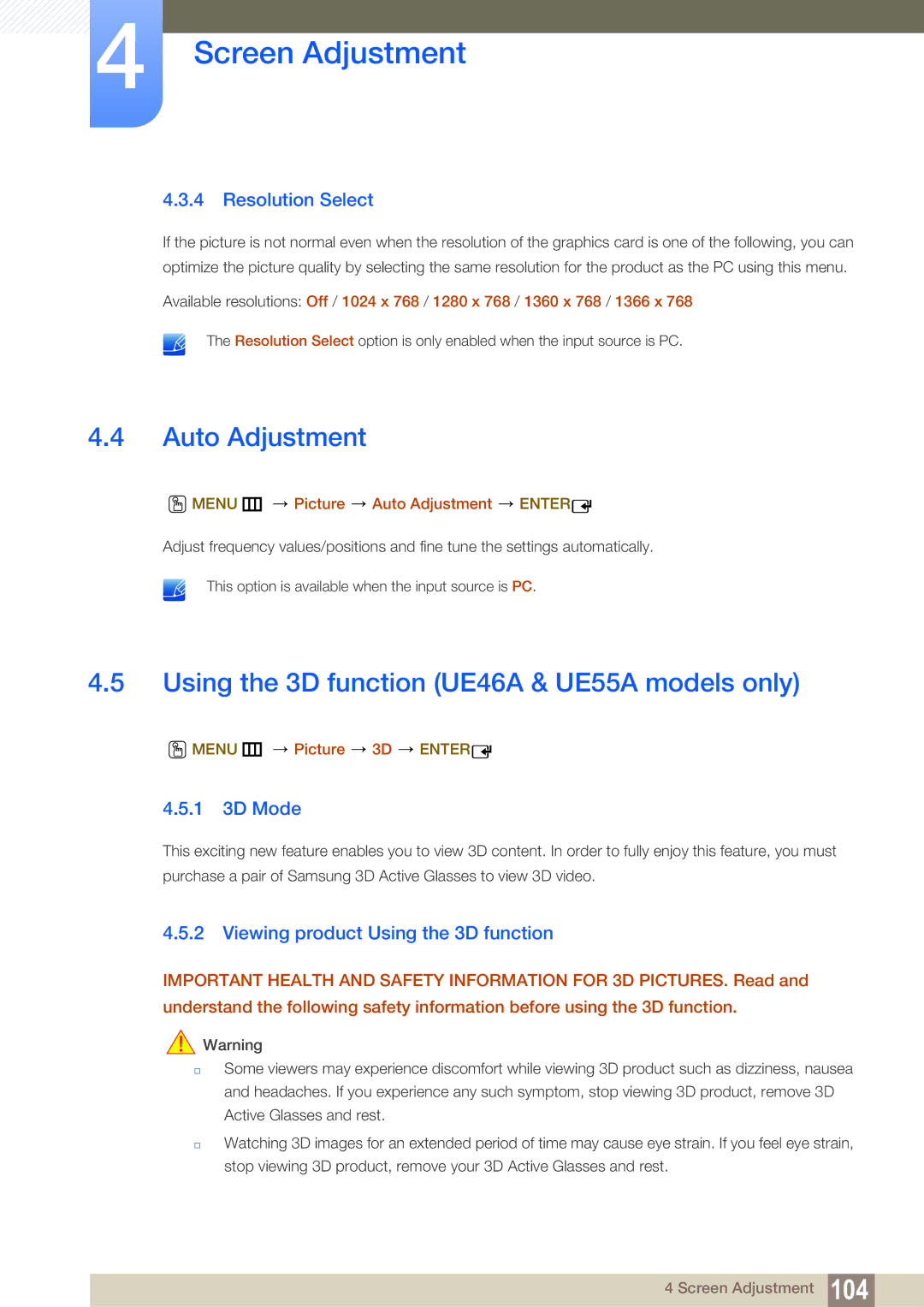 Samsung LH55MEBPLGC/XS Auto Adjustment, Using the 3D function UE46A & UE55A models only, Resolution Select, 1 3D Mode 