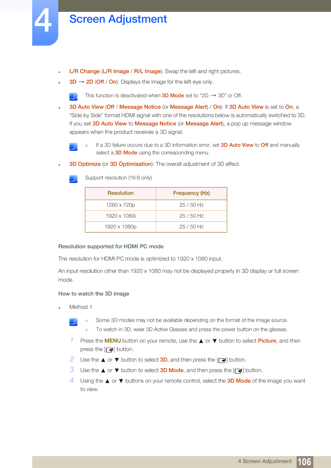 Samsung LH55MEBPLGC/XY manual Resolution Frequency Hz, Resolution supported for Hdmi PC mode, How to watch the 3D image 