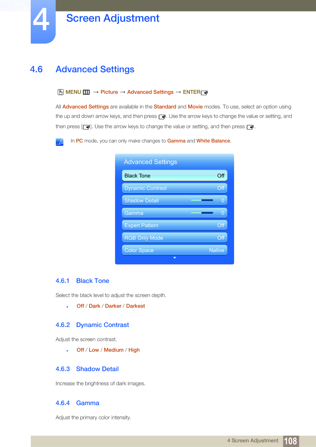 Samsung LH55MEBPLGC/EN, LH55MEBPLGC/XY manual Advanced Settings, Black Tone, Dynamic Contrast, Shadow Detail, Gamma 