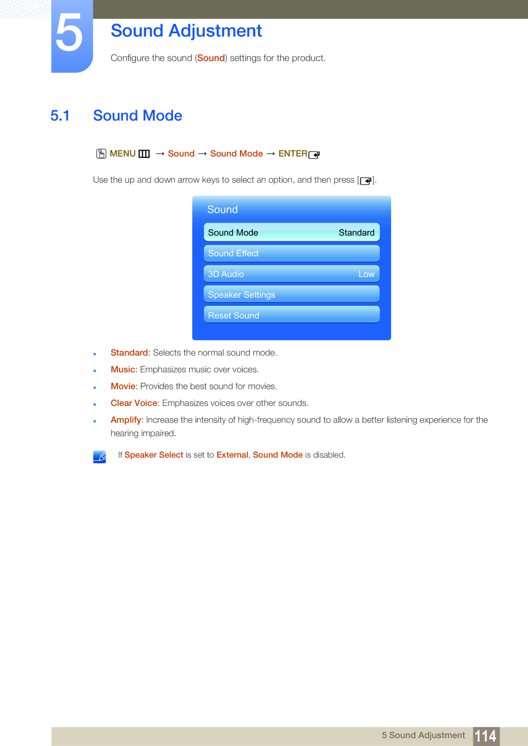 Samsung LH55MEBPLGC/EN, LH55MEBPLGC/XY, LH55MEBPLGC/XS manual Sound Adjustment, Menu m Sound Sound Mode Enter 