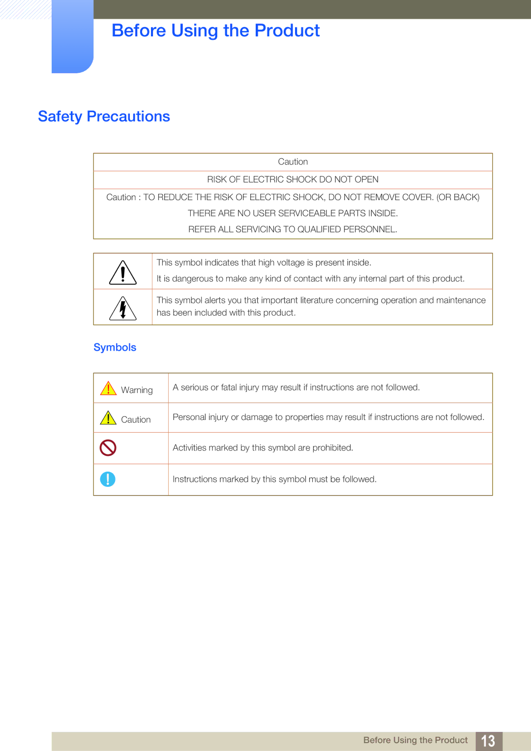 Samsung LH55MEBPLGC/XY, LH55MEBPLGC/EN, LH55MEBPLGC/XS manual Safety Precautions, Symbols 