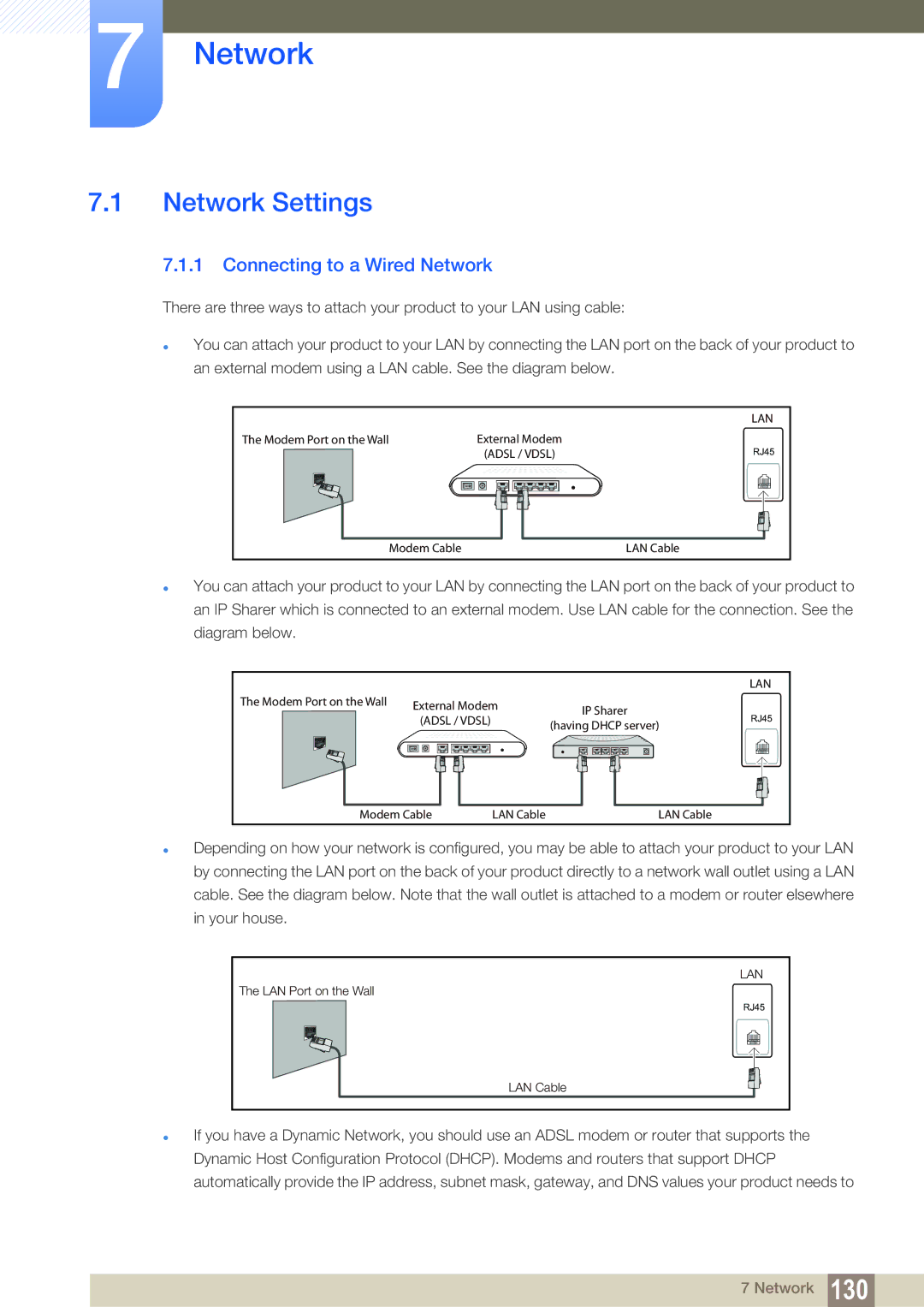 Samsung LH55MEBPLGC/XY, LH55MEBPLGC/EN, LH55MEBPLGC/XS manual Network Settings, Connecting to a Wired Network 