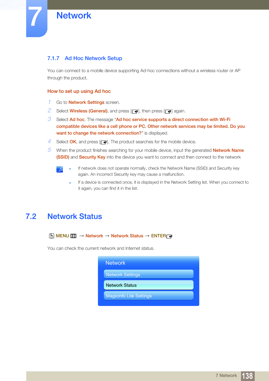 Samsung LH55MEBPLGC/EN, LH55MEBPLGC/XY, LH55MEBPLGC/XS Network Status, Ad Hoc Network Setup, How to set up using Ad hoc 