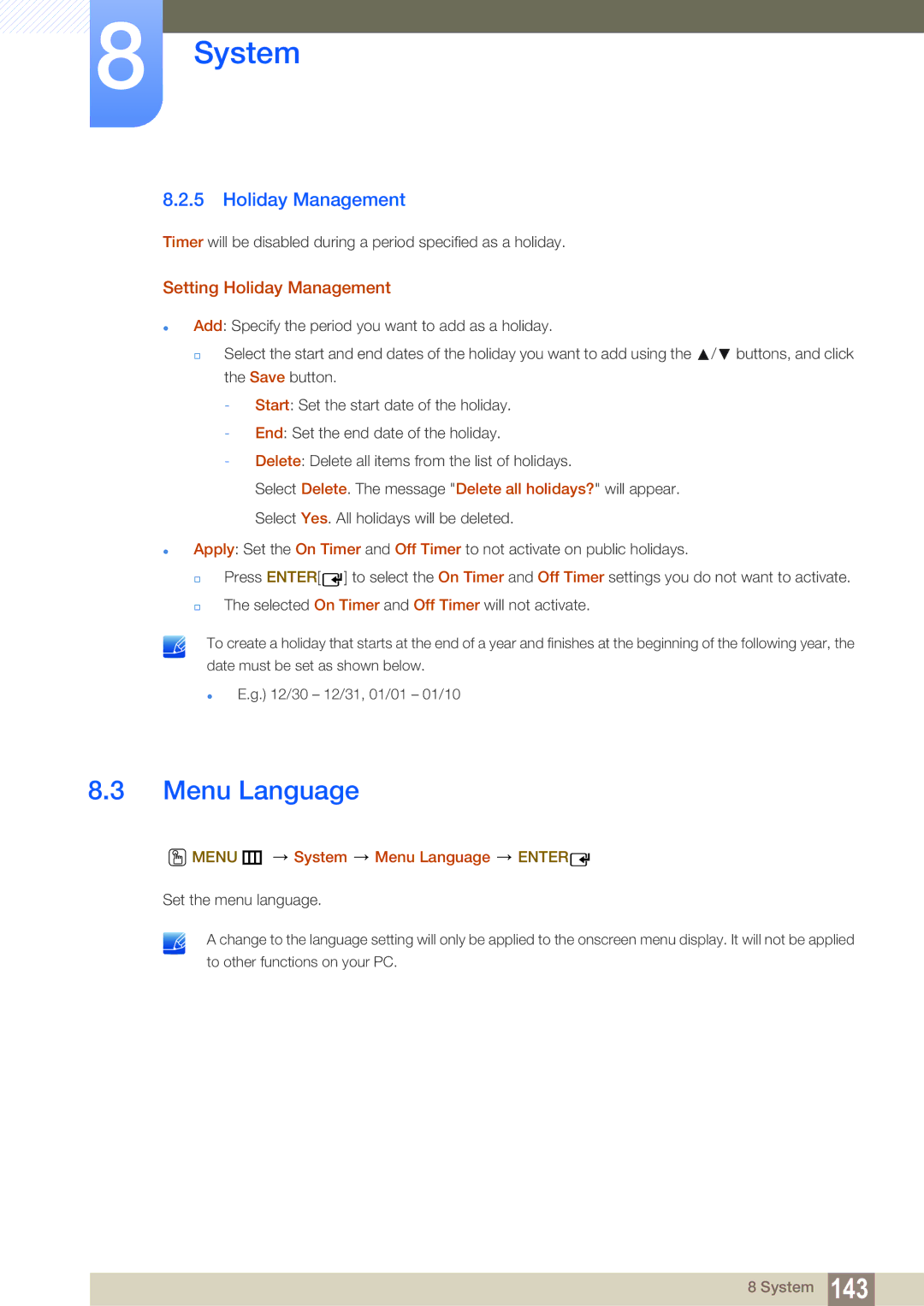 Samsung LH55MEBPLGC/XS, LH55MEBPLGC/EN manual Setting Holiday Management, Menu m System Menu Language Enter 