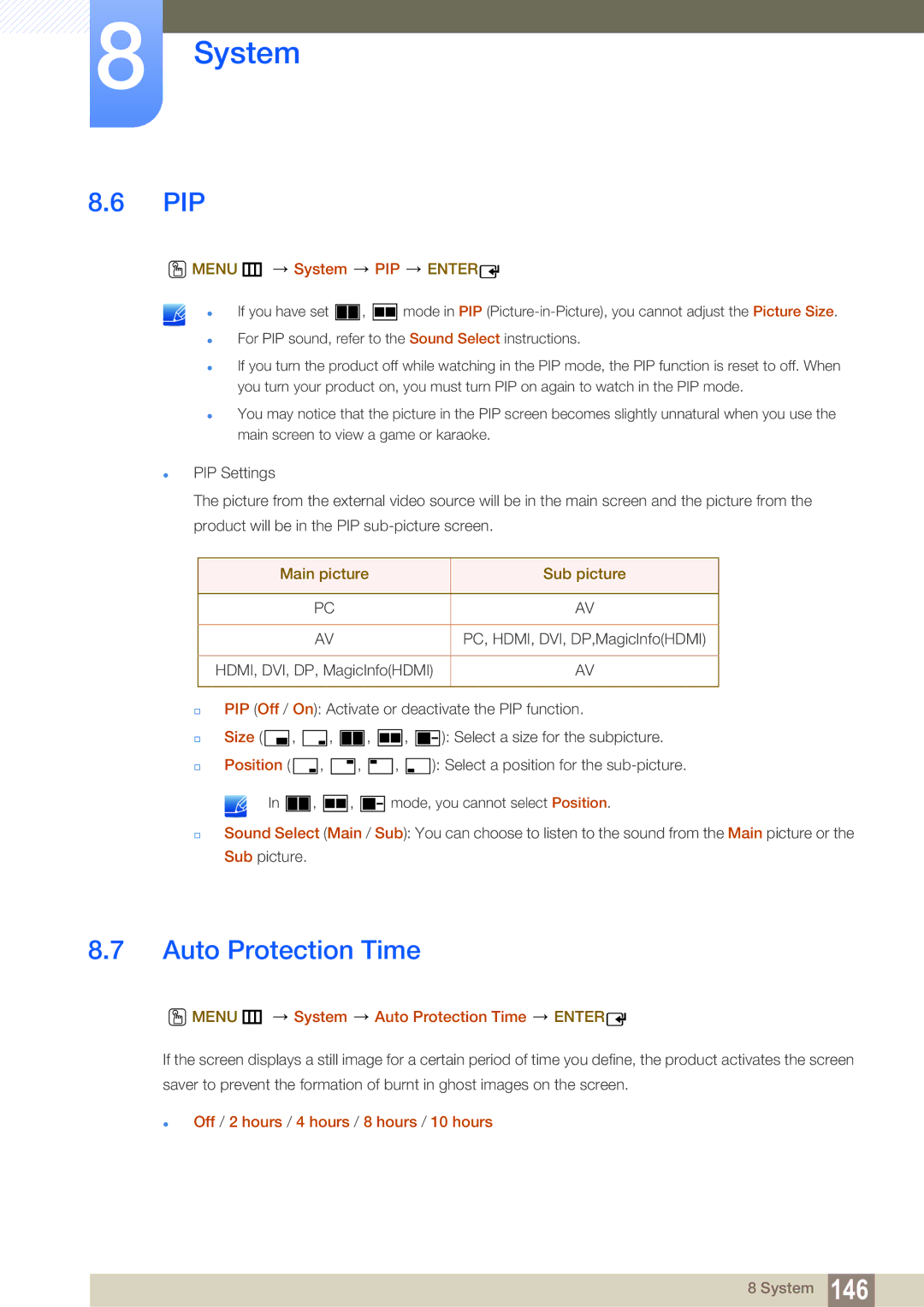 Samsung LH55MEBPLGC/XS, LH55MEBPLGC/EN manual Pip, Menu m System PIP Enter, Menu m System Auto Protection Time Enter 