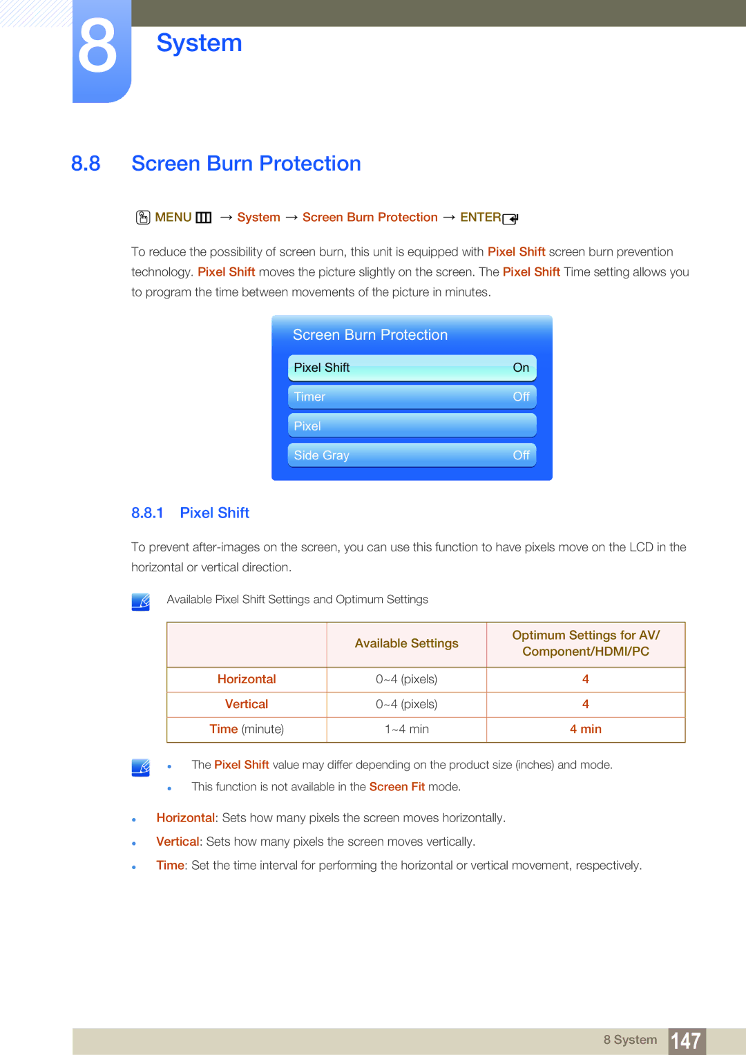 Samsung LH55MEBPLGC/EN, LH55MEBPLGC/XY, LH55MEBPLGC/XS manual Screen Burn Protection, Pixel Shift 