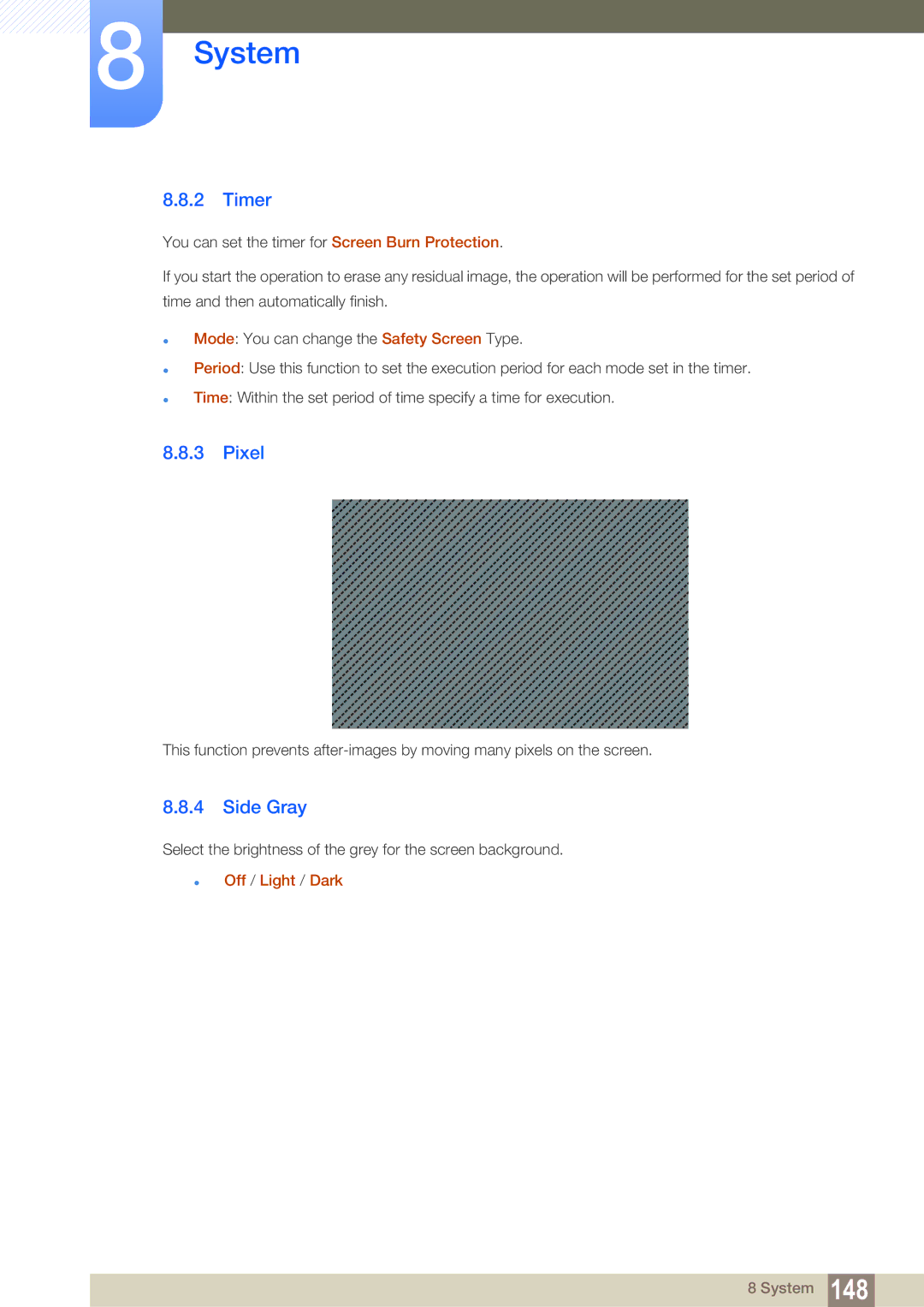 Samsung LH55MEBPLGC/XY, LH55MEBPLGC/EN, LH55MEBPLGC/XS manual Timer, Pixel, Side Gray,  Off / Light / Dark 