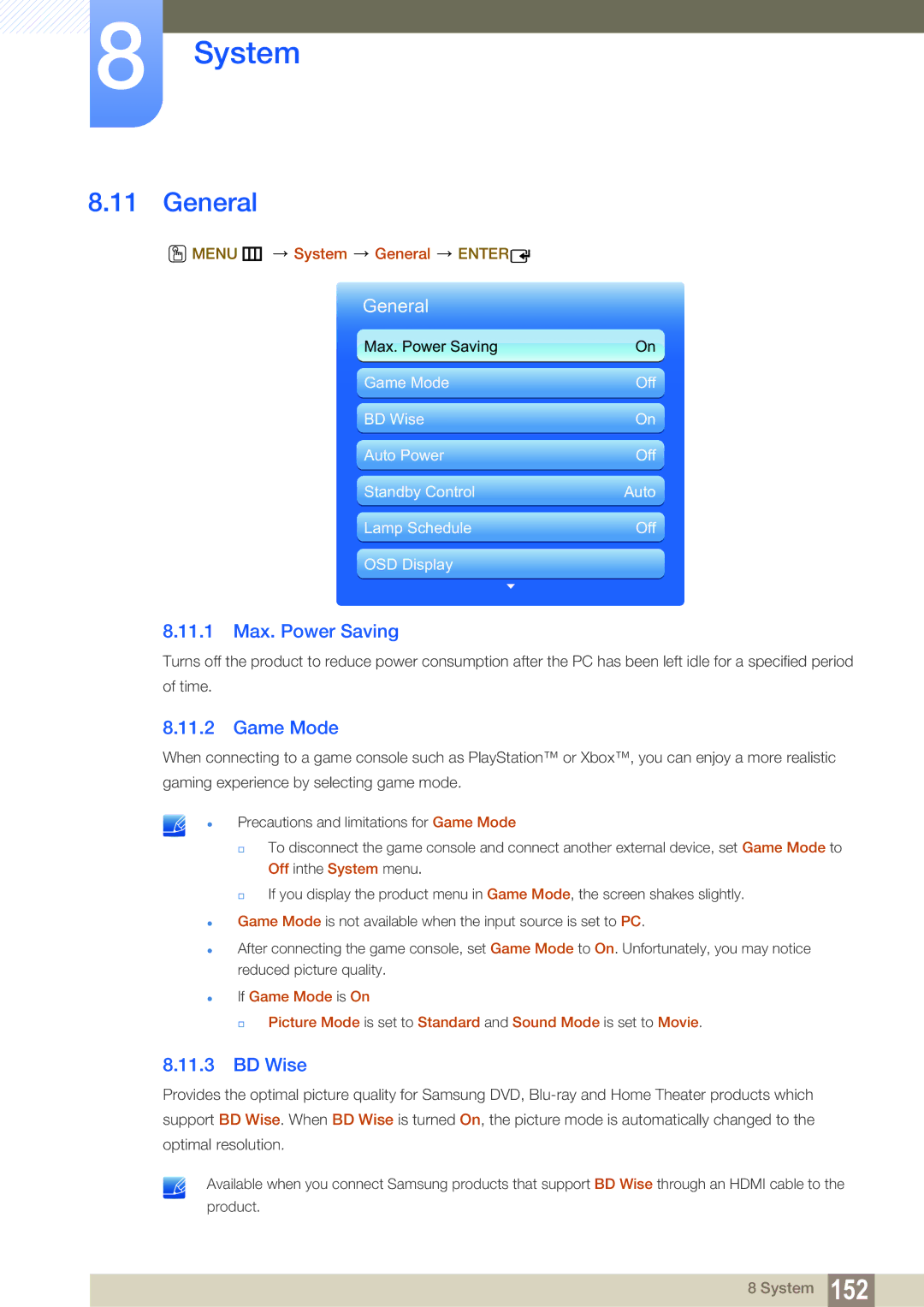 Samsung LH55MEBPLGC/XS, LH55MEBPLGC/EN manual 11.1 Max. Power Saving, Game Mode, BD Wise, Menu m System General Enter 