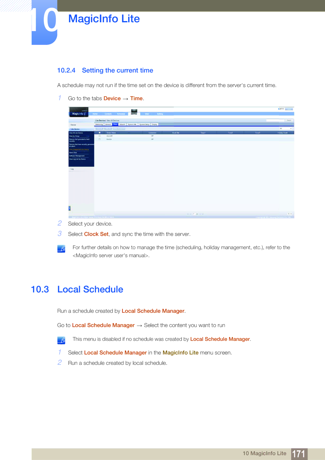 Samsung LH55MEBPLGC/EN, LH55MEBPLGC/XY, LH55MEBPLGC/XS manual Local Schedule, Setting the current time 