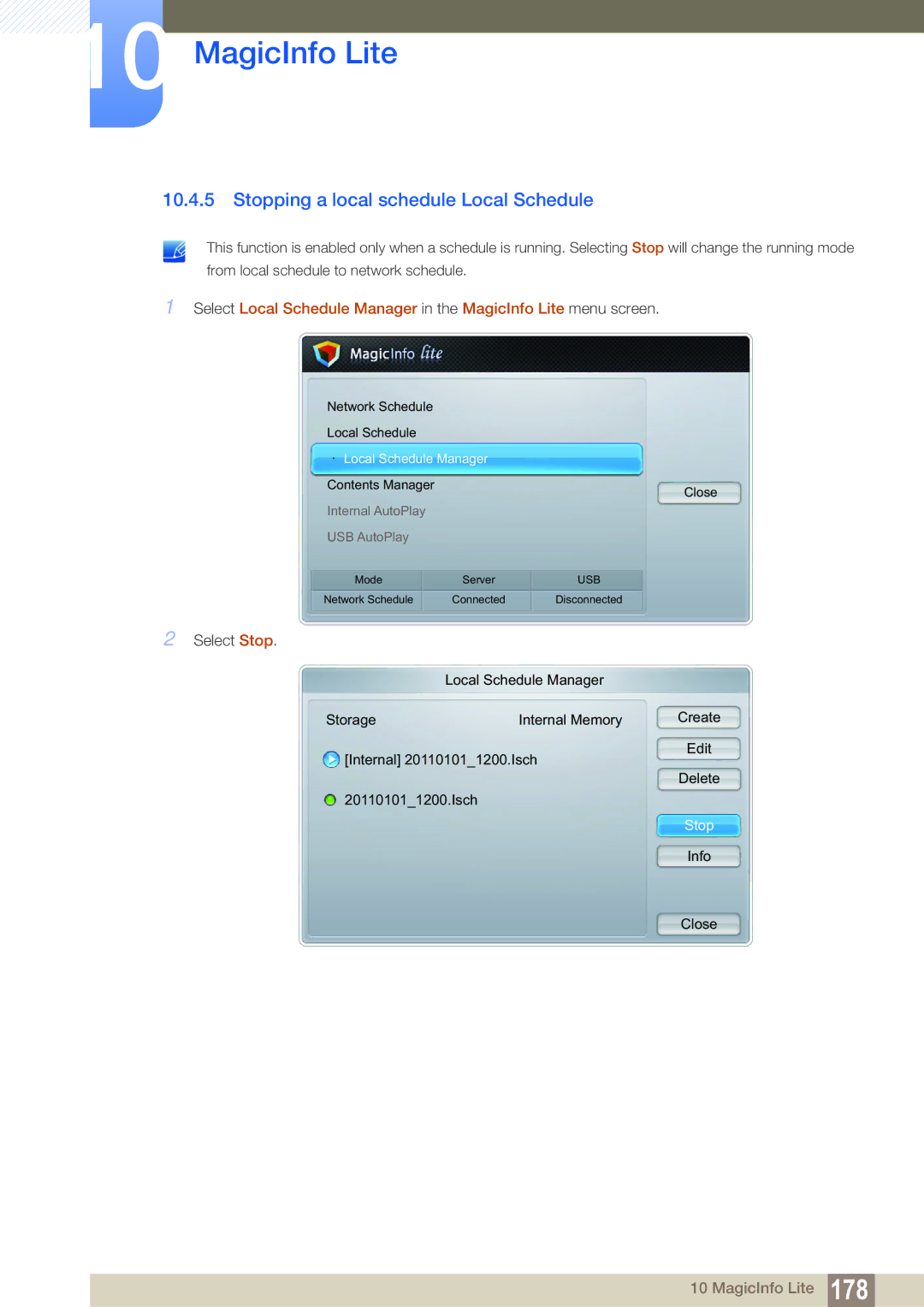 Samsung LH55MEBPLGC/XY, LH55MEBPLGC/EN, LH55MEBPLGC/XS manual Stopping a local schedule Local Schedule, Select Stop 