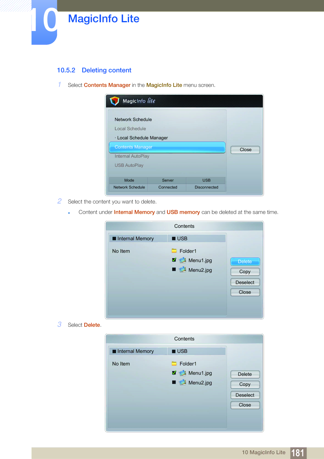 Samsung LH55MEBPLGC/XY, LH55MEBPLGC/EN, LH55MEBPLGC/XS manual Deleting content 