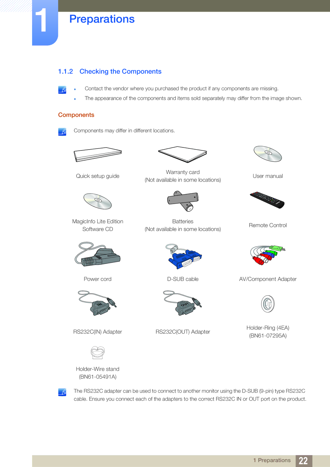 Samsung LH55MEBPLGC/XY, LH55MEBPLGC/EN, LH55MEBPLGC/XS manual Checking the Components 