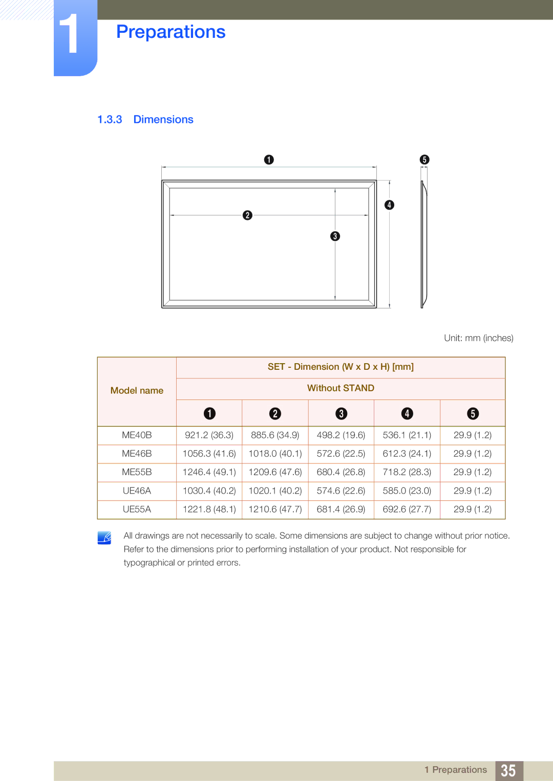 Samsung LH55MEBPLGC/XS, LH55MEBPLGC/EN, LH55MEBPLGC/XY manual Dimensions, SET Dimension W x D x H mm Model name Without Stand 