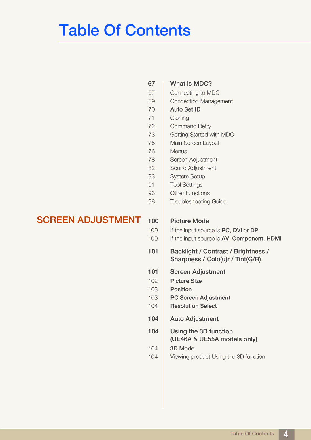 Samsung LH55MEBPLGC/XY, LH55MEBPLGC/EN, LH55MEBPLGC/XS manual Screen Adjustment 