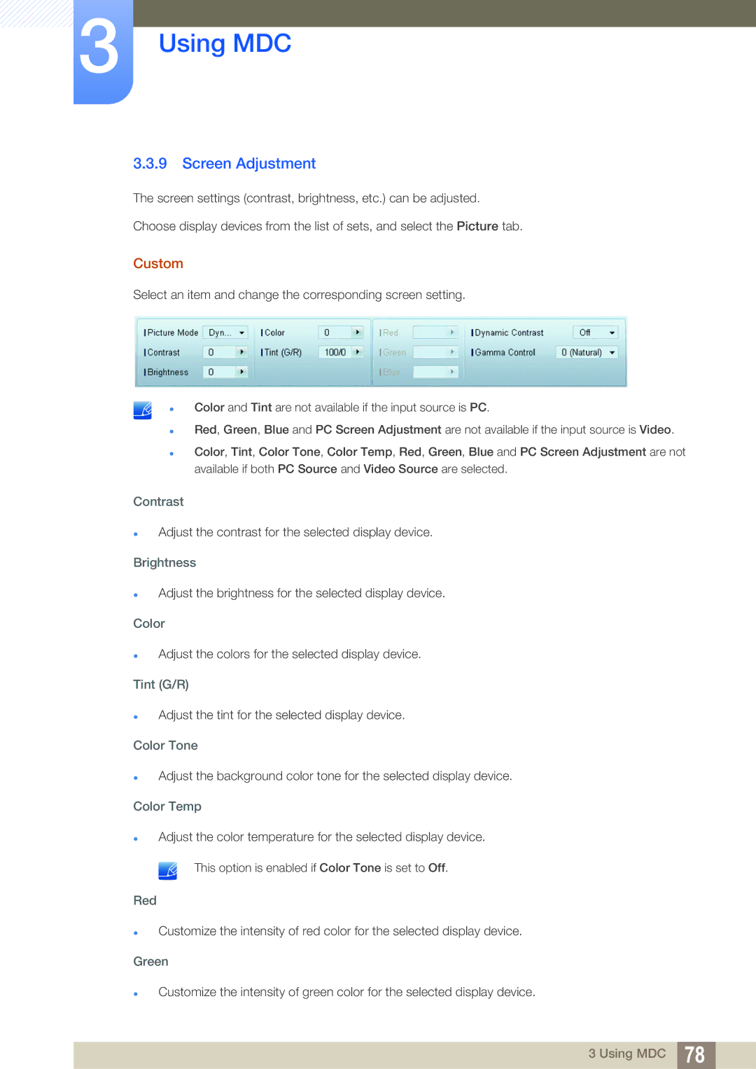 Samsung LH55MEBPLGC/EN, LH55MEBPLGC/XY, LH55MEBPLGC/XS manual Screen Adjustment, Custom 