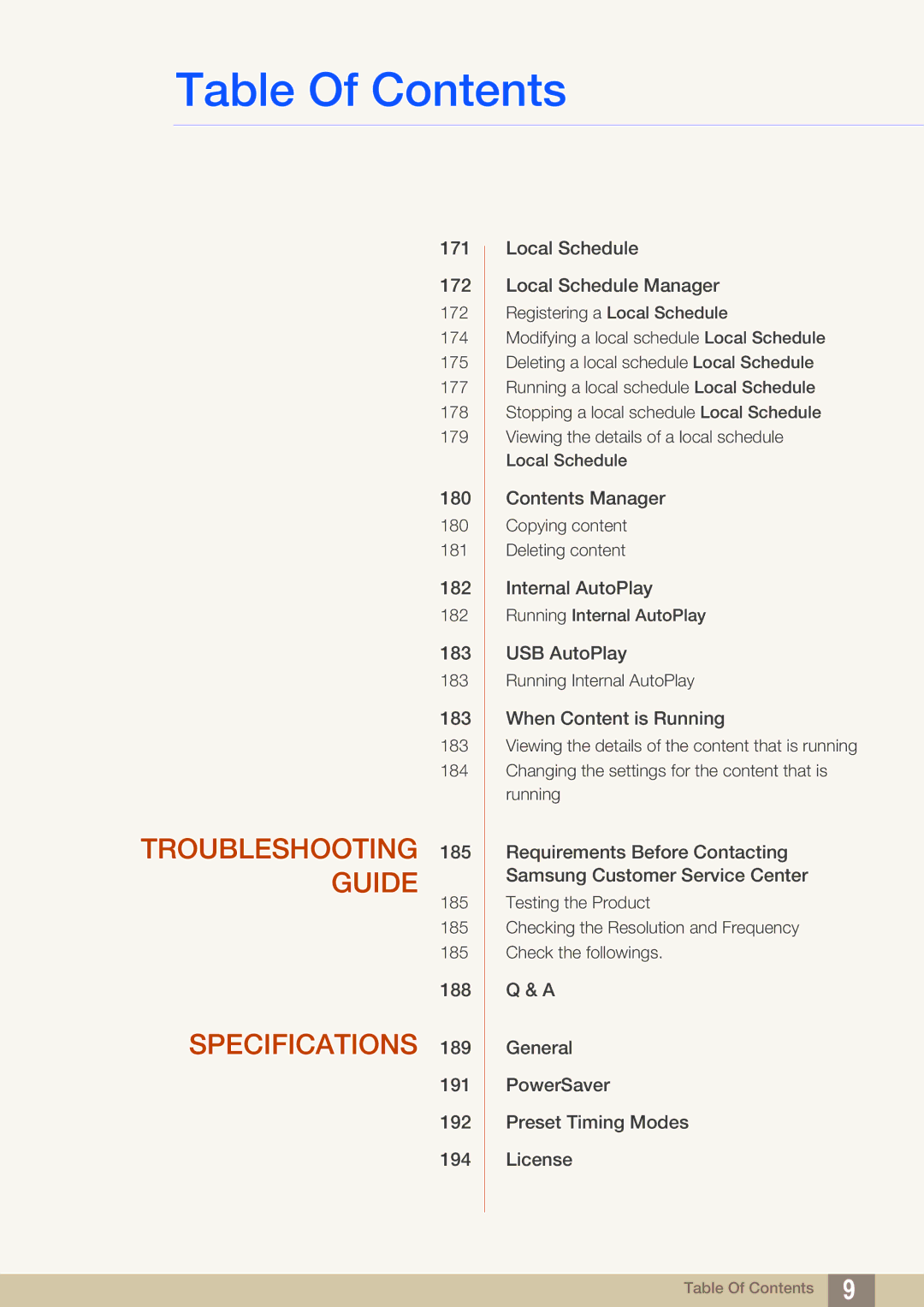 Samsung LH55MEBPLGC/EN, LH55MEBPLGC/XY, LH55MEBPLGC/XS manual Troubleshooting 185 Guide 