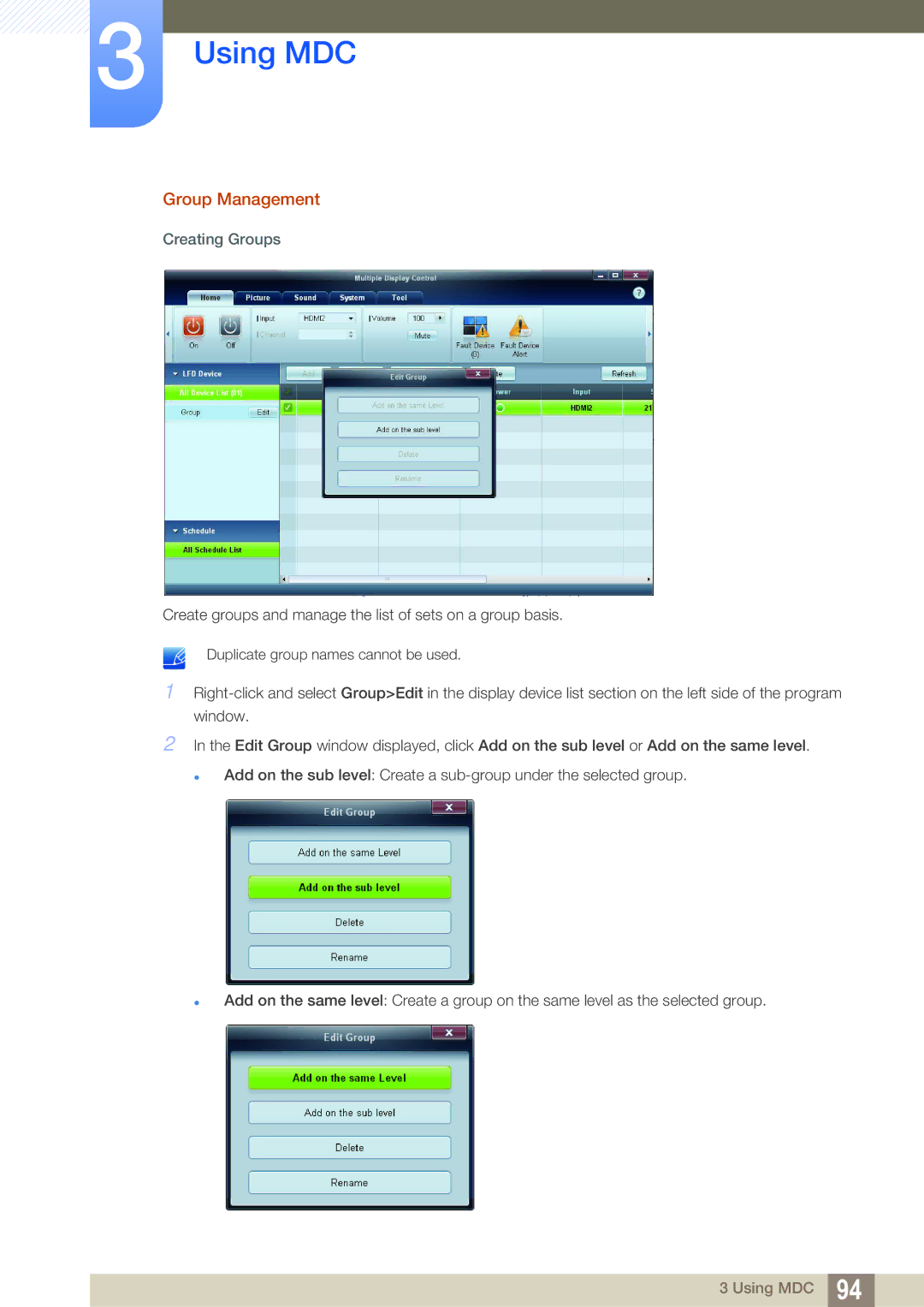 Samsung LH55MEBPLGC/XY, LH55MEBPLGC/EN, LH55MEBPLGC/XS manual Group Management, Creating Groups 