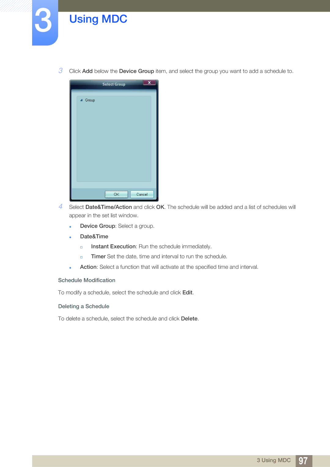 Samsung LH55MEBPLGC/XY, LH55MEBPLGC/EN, LH55MEBPLGC/XS manual Schedule Modification, Deleting a Schedule 