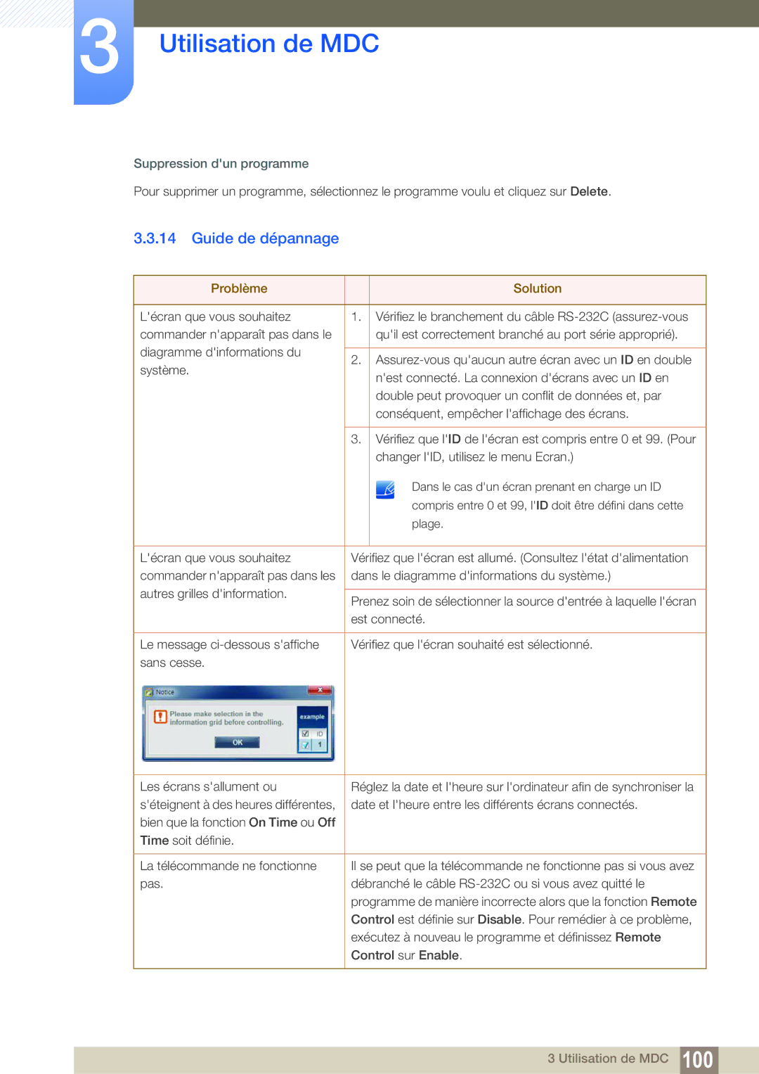 Samsung LH55MEBPLGC/EN manual Guide de dépannage, Suppression dun programme, Problème Solution 