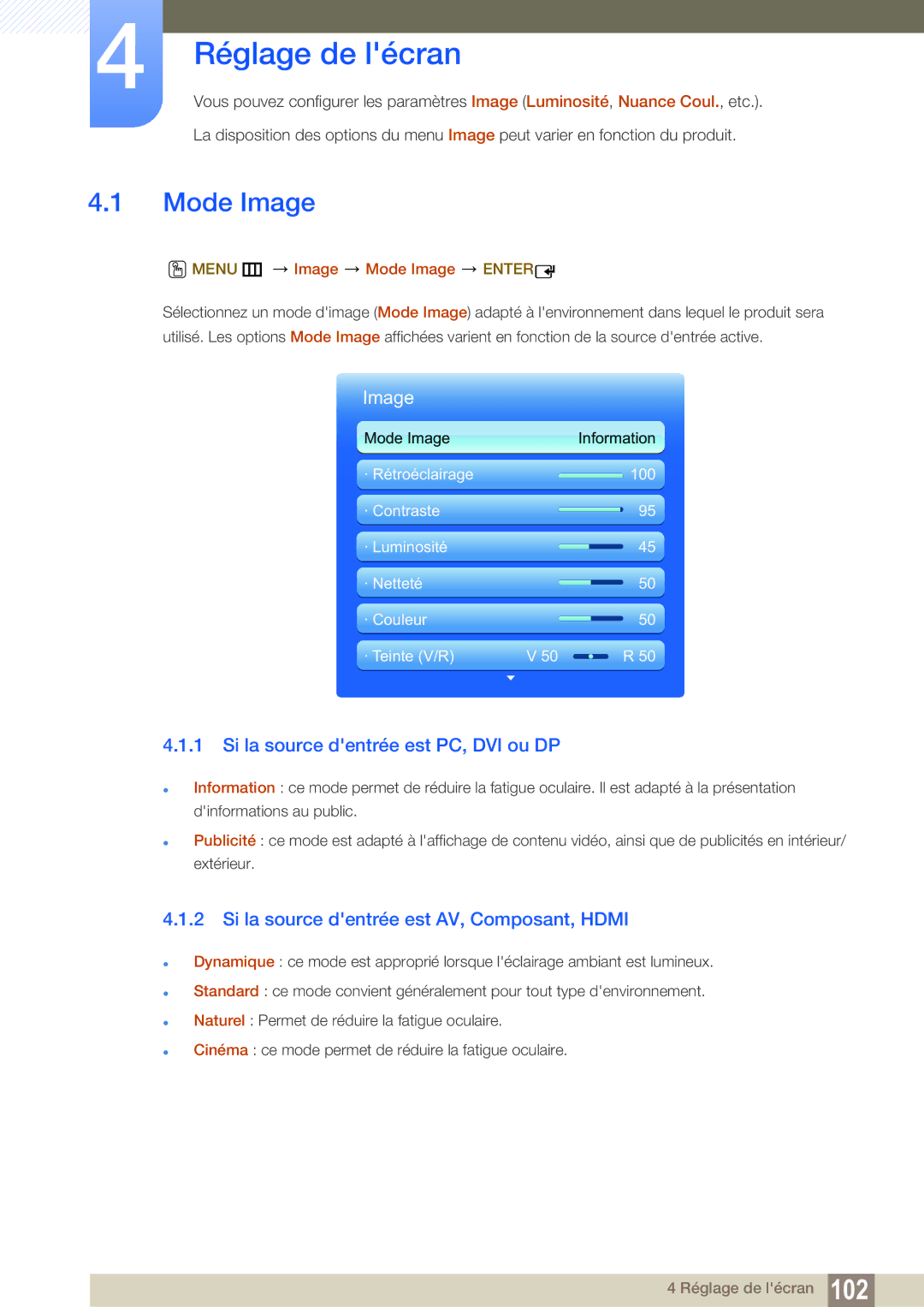 Samsung LH55MEBPLGC/EN manual Réglage de lécran, Mode Image, Si la source dentrée est PC, DVI ou DP 