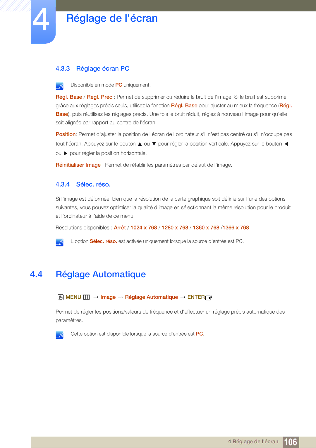 Samsung LH55MEBPLGC/EN manual 3 Réglage écran PC, 4 Sélec. réso, Menu m Image Réglage Automatique Enter 
