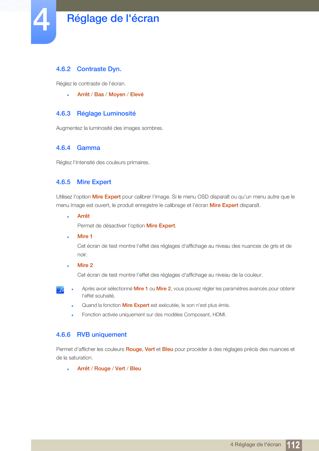 Samsung LH55MEBPLGC/EN manual Contraste Dyn, 3 Réglage Luminosité, Gamma, Mire Expert, RVB uniquement 