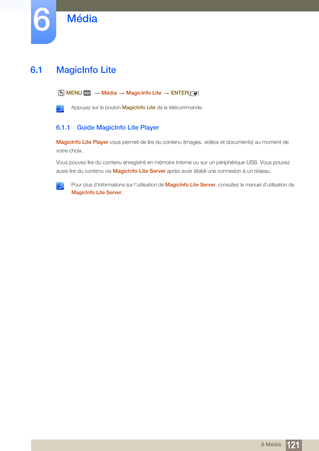 Samsung LH55MEBPLGC/EN manual Guide MagicInfo Lite Player, Menu m Média MagicInfo Lite Enter, MagicInfo Lite Server 