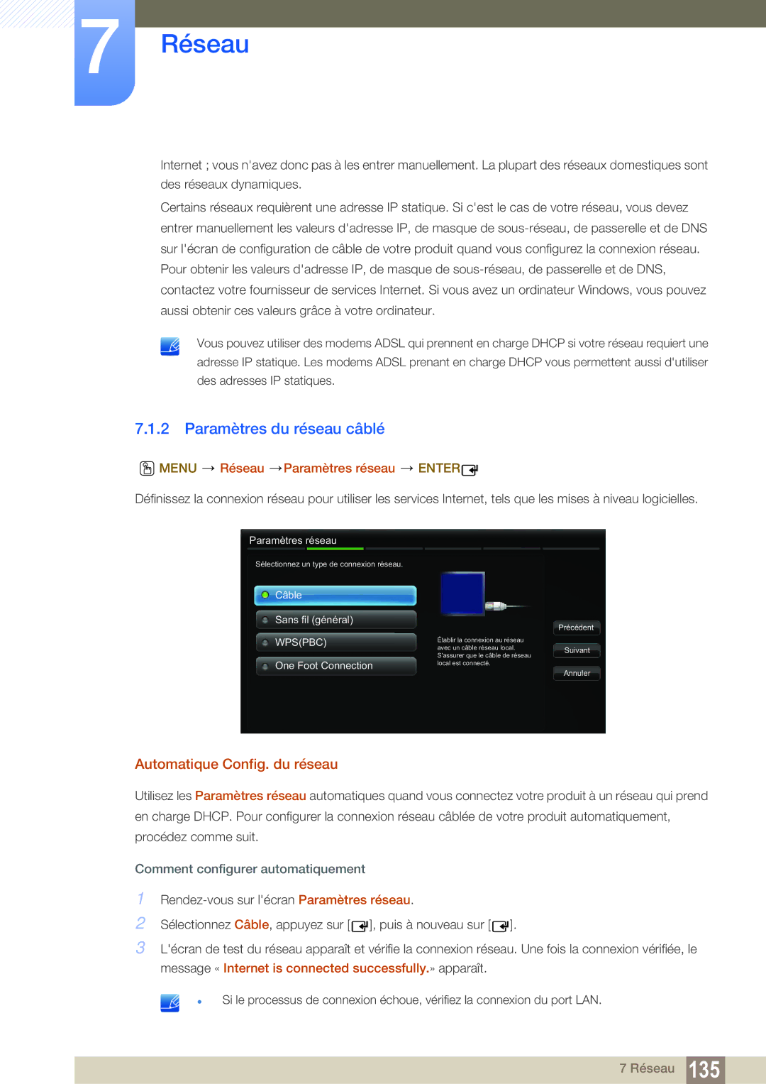 Samsung LH55MEBPLGC/EN Paramètres du réseau câblé, Automatique Config. du réseau, Menu Réseau Paramètres réseau Enter 