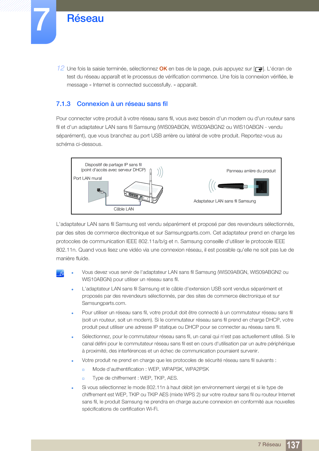 Samsung LH55MEBPLGC/EN manual Connexion à un réseau sans fil 