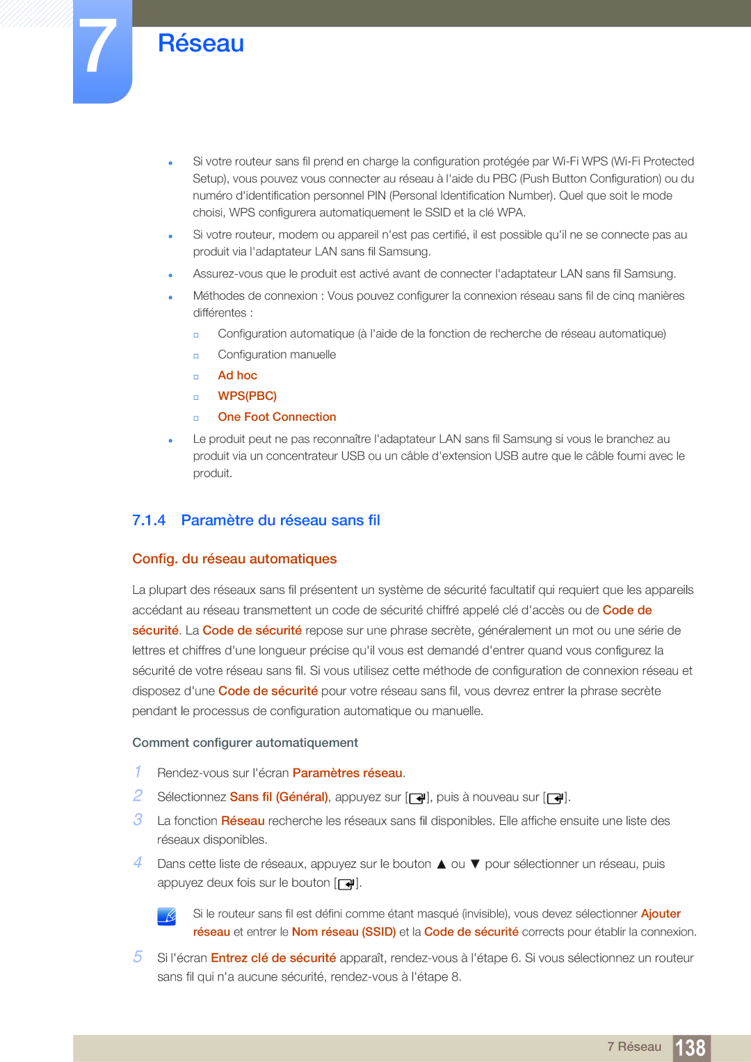 Samsung LH55MEBPLGC/EN manual Paramètre du réseau sans fil, Config. du réseau automatiques, Ad hoc, One Foot Connection 