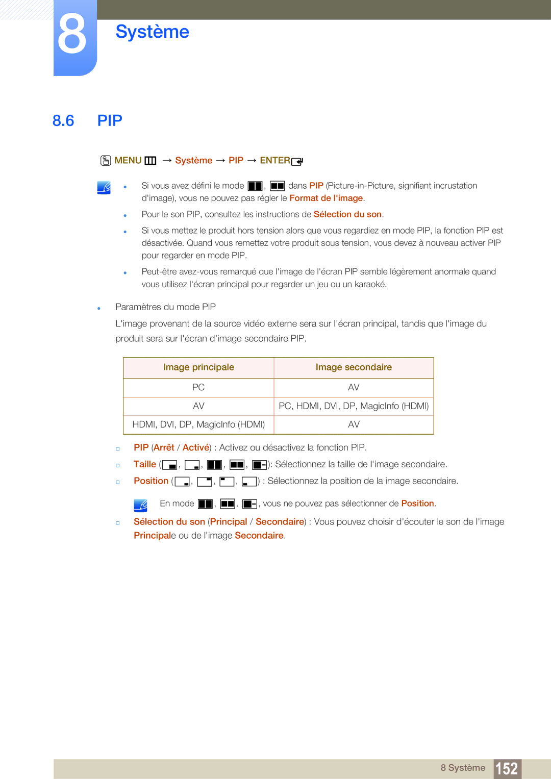 Samsung LH55MEBPLGC/EN manual Pip, Menu m Système PIP Enter, Image principale Image secondaire, Taille, Position 