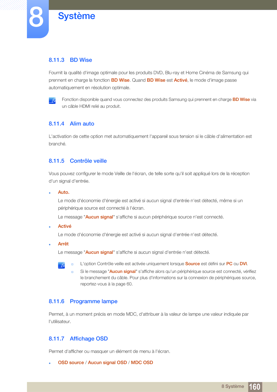 Samsung LH55MEBPLGC/EN manual BD Wise, Alim auto, Contrôle veille, Programme lampe, Affichage OSD 