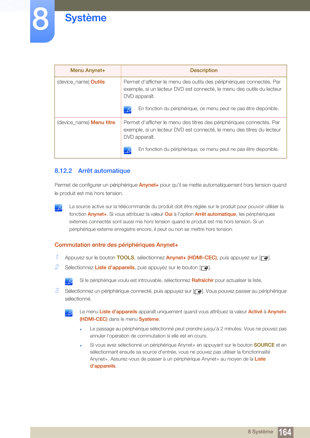 Samsung LH55MEBPLGC/EN manual 12.2 Arrêt automatique, Commutation entre des périphériques Anynet+ 