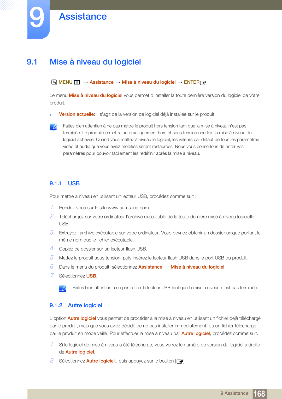 Samsung LH55MEBPLGC/EN manual Assistance, Mise à niveau du logiciel, 1 USB, Autre logiciel 