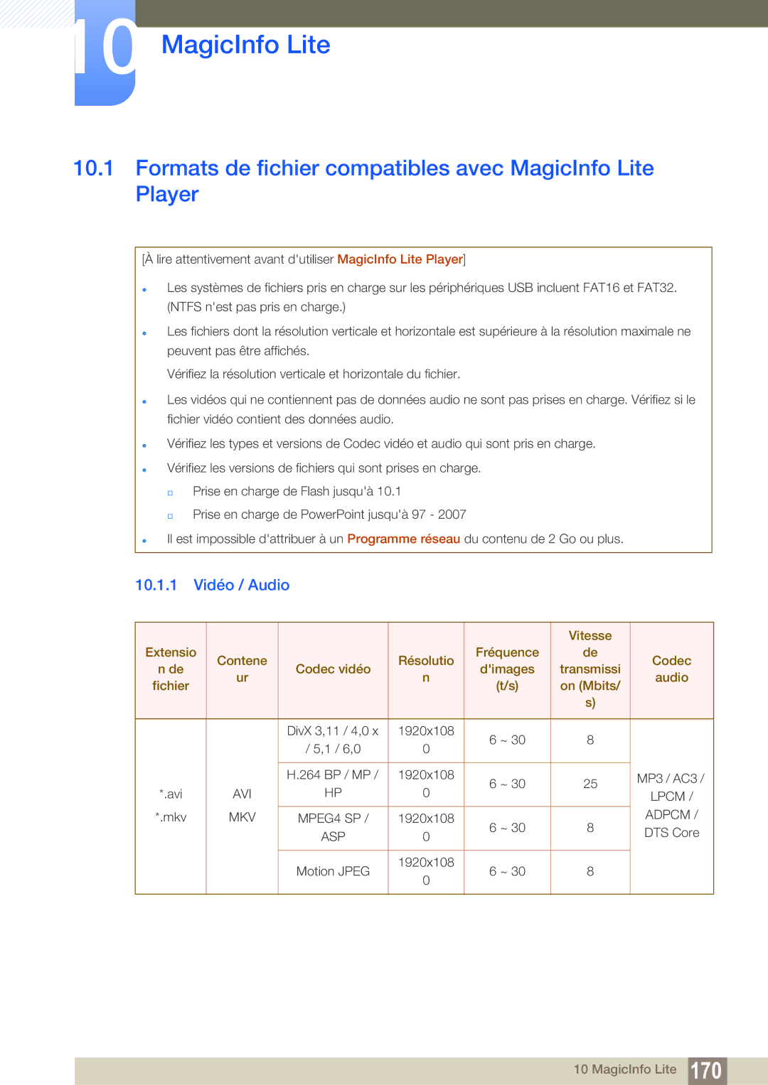 Samsung LH55MEBPLGC/EN manual Formats de fichier compatibles avec MagicInfo Lite Player, 10.1.1 Vidéo / Audio 