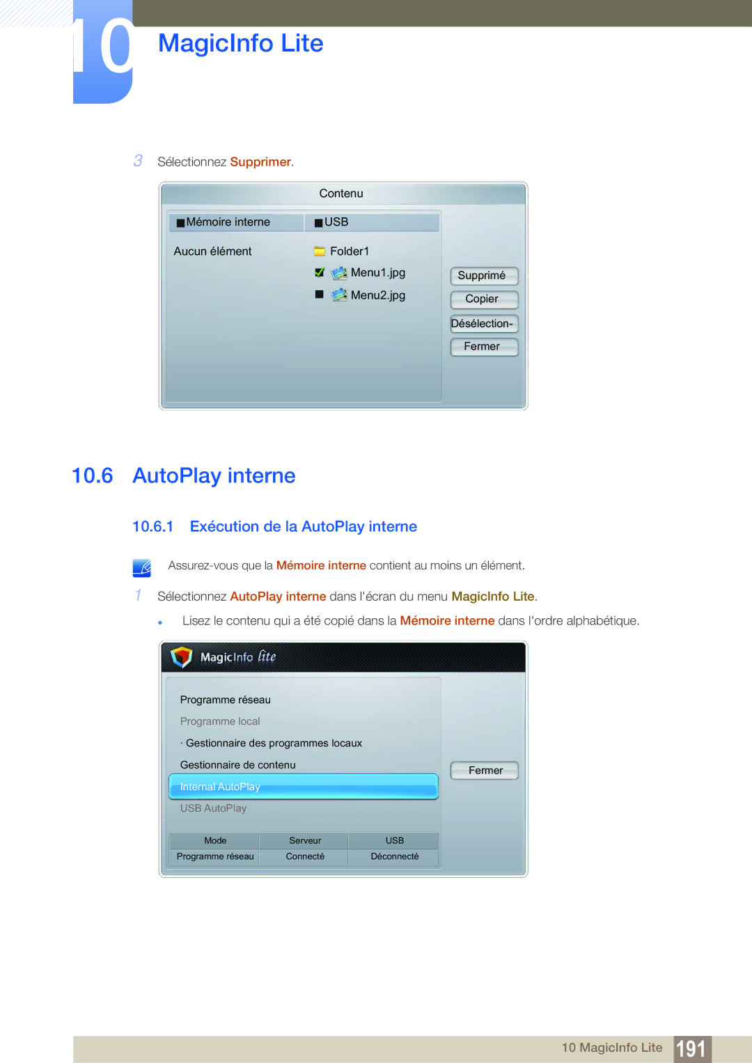 Samsung LH55MEBPLGC/EN manual 10.6.1 Exécution de la AutoPlay interne 