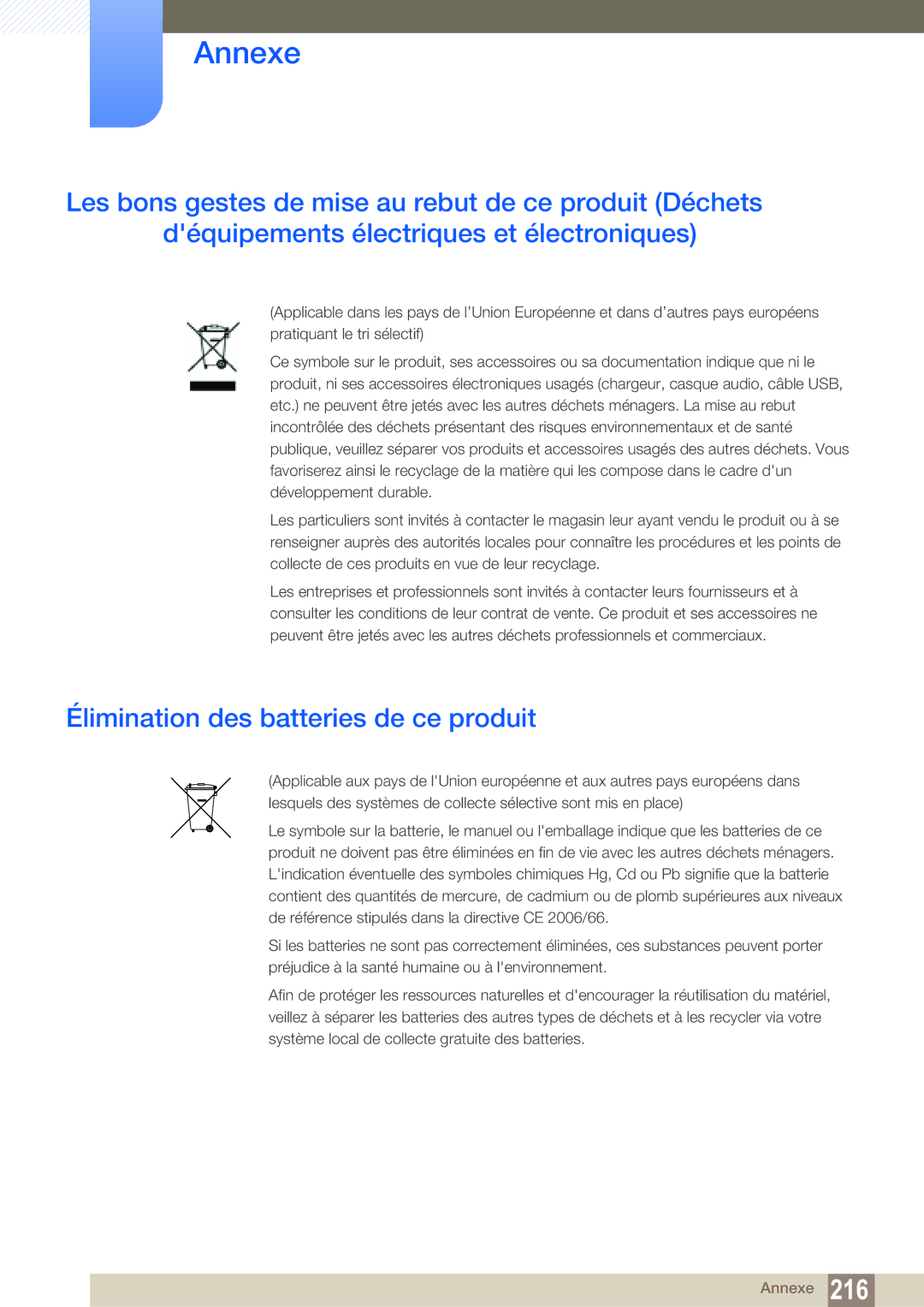 Samsung LH55MEBPLGC/EN manual Élimination des batteries de ce produit 