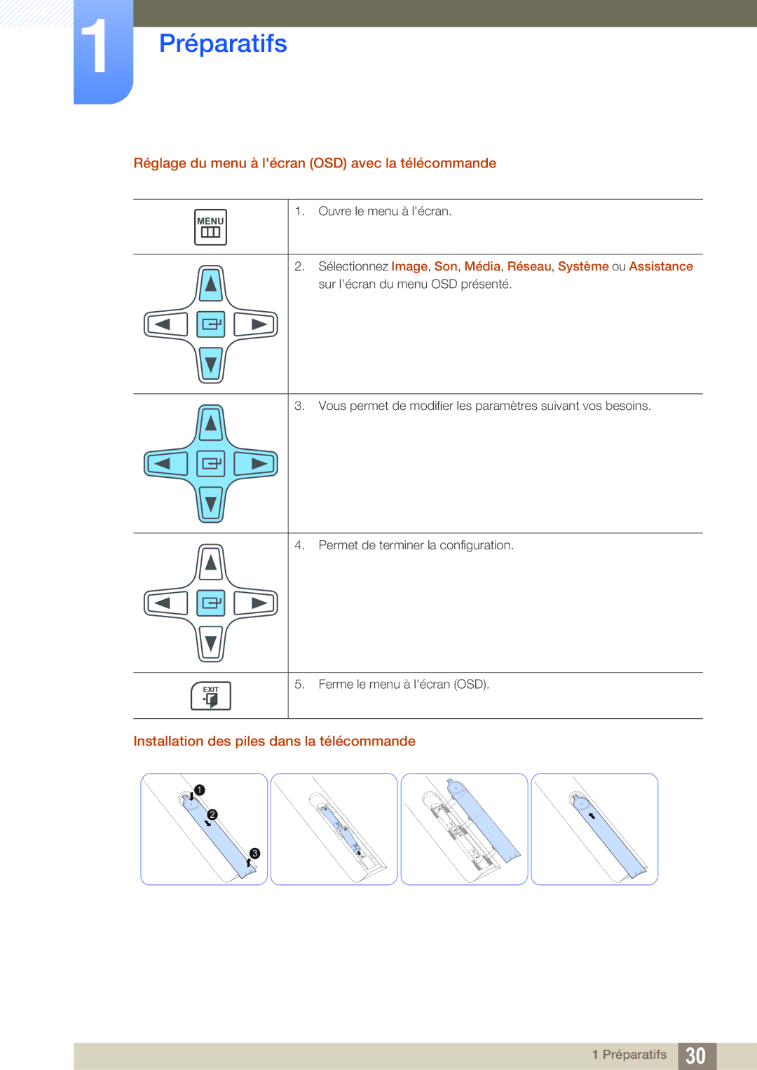 Samsung LH55MEBPLGC/EN Réglage du menu à lécran OSD avec la télécommande, Installation des piles dans la télécommande 