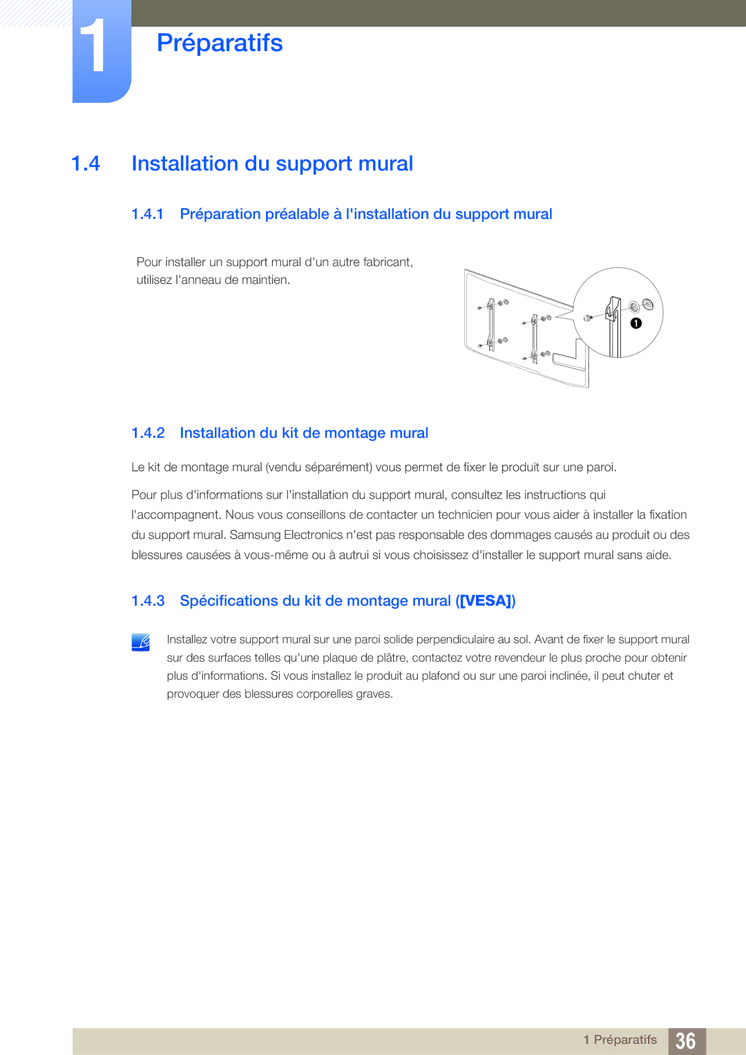 Samsung LH55MEBPLGC/EN manual Installation du support mural, 1 Préparation préalable à linstallation du support mural 