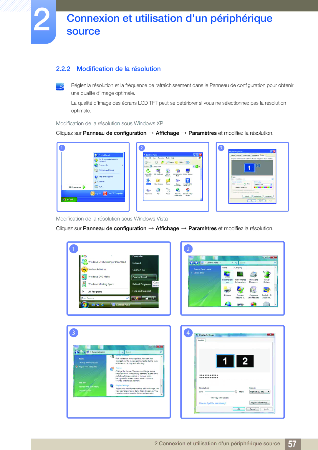 Samsung LH55MEBPLGC/EN Modification de la résolution sous Windows XP, Modification de la résolution sous Windows Vista 