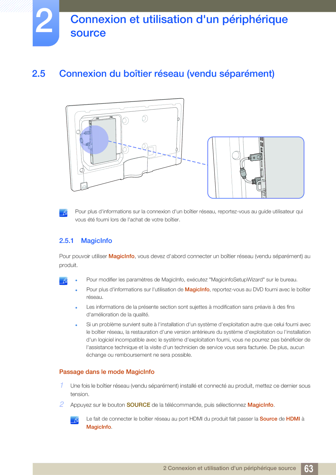 Samsung LH55MEBPLGC/EN manual Connexion du boîtier réseau vendu séparément, Passage dans le mode MagicInfo 