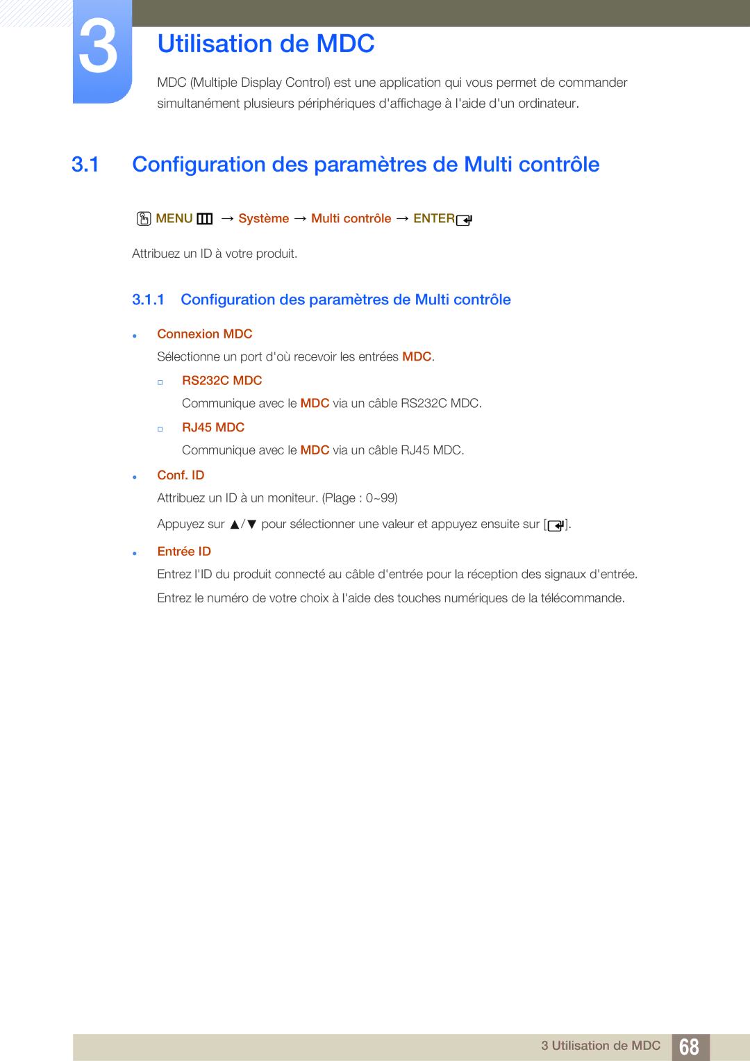 Samsung LH55MEBPLGC/EN manual Utilisation de MDC, Configuration des paramètres de Multi contrôle 