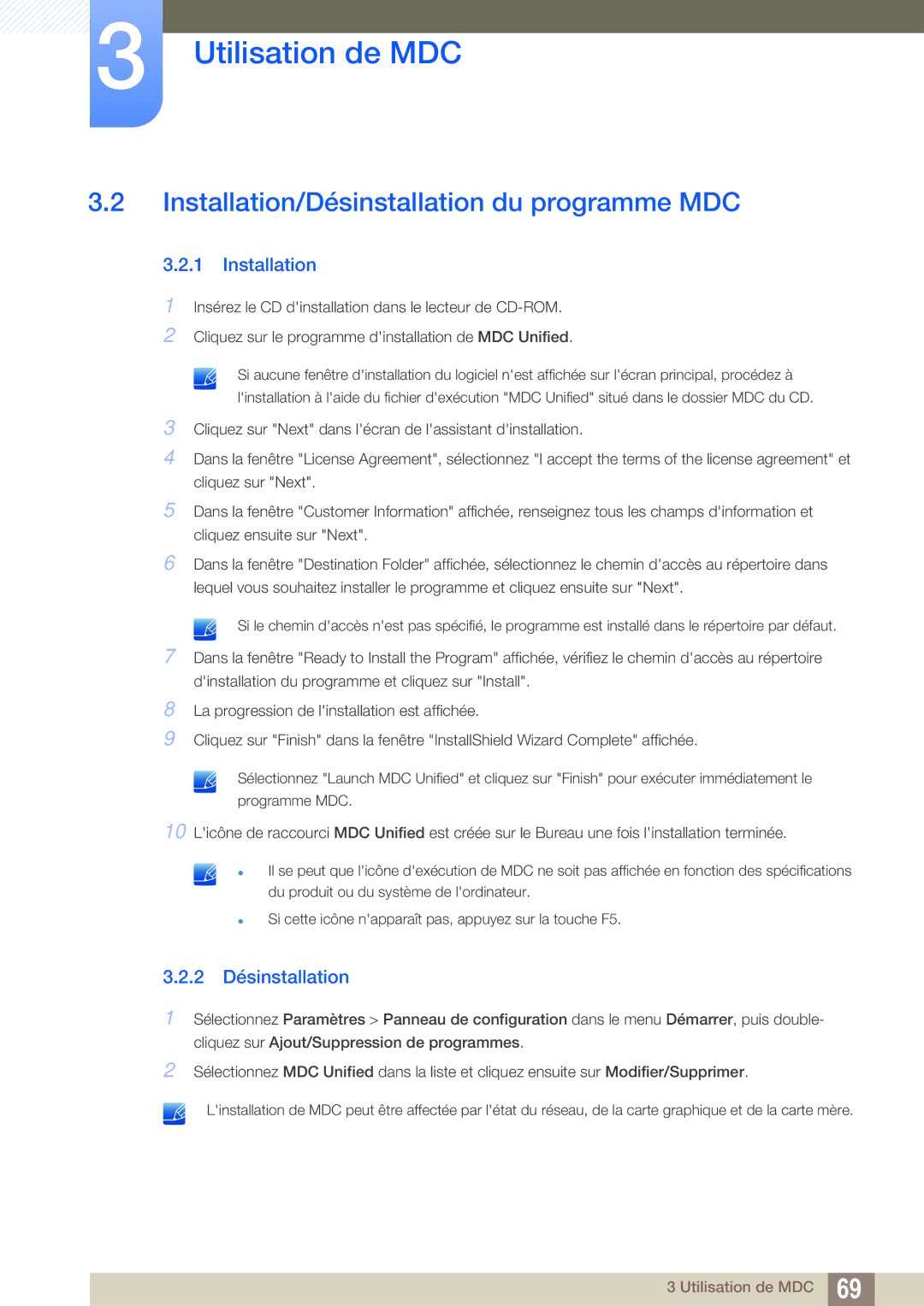 Samsung LH55MEBPLGC/EN manual Installation/Désinstallation du programme MDC, 2 Désinstallation 