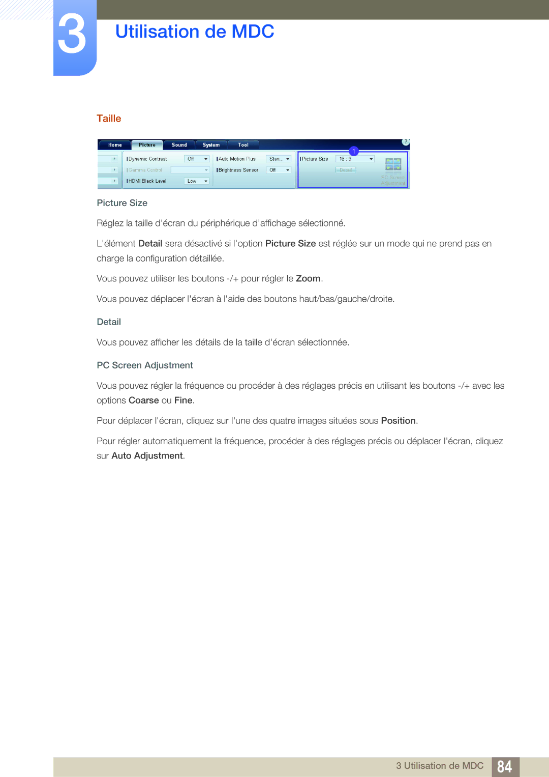 Samsung LH55MEBPLGC/EN manual Taille, Picture Size, Detail, PC Screen Adjustment 